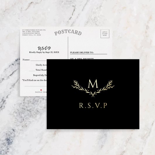 Elegant Monogram Wreath Wedding RSVP Real Folie Einladungspostkarte