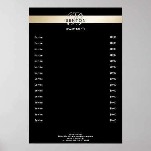 Elegant Monogramm Black Gold Pricelist Poster (Vorne)