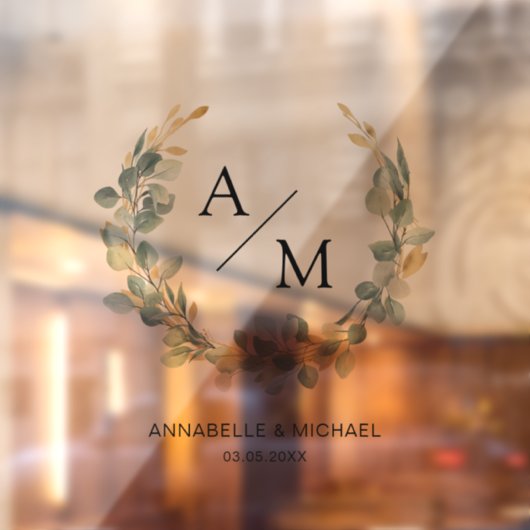 Elegant, Monogramm, Eukalyptus, Hochzeit, Kranz Fensteraufkleber (Blatt 2)