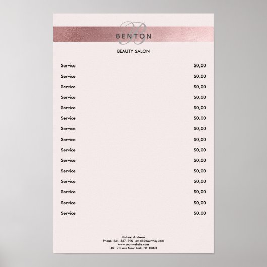 Elegant Monogramm Lightpink Rosegold Pricelist Poster (Vorne)
