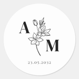 Elegant, Monogramm, Line Art Blume, Hochzeiten Runder Aufkleber