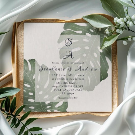 Elegant Monstera Emerald Green Wedding Einladung