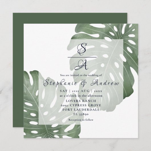 Elegant Monstera Emerald Green Wedding Einladung (Vorne/Hinten)