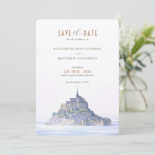 Elegant Mont Saint-Michel Rett-the-Date Einladung (Stehend Vorderseite)