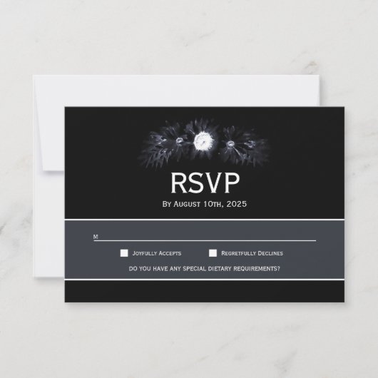 Elegant Moody Black Floral Wedding RSVP Karte (Vorderseite)