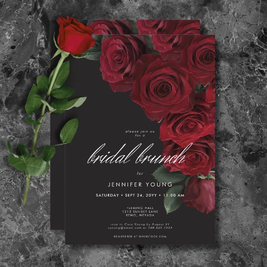 Elegant Moody Blood Rose Floral Bridal Brunch Einladung