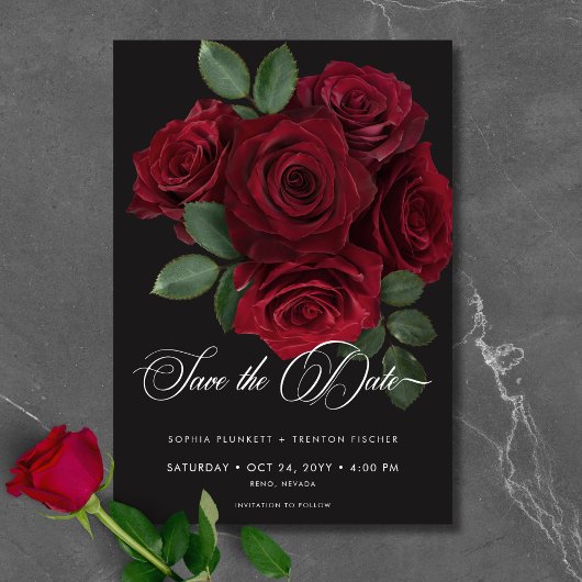 Elegant Moody Blood Rote Rose Floral Wedding Save The Date