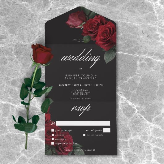 Elegant Moody Blood Rote Rosen Hochzeitessen All In One Einladung