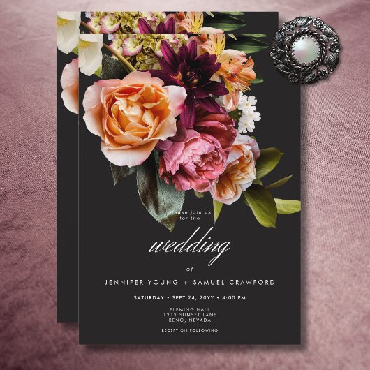 Elegant Moody Burgundy & Pink Floral Wedding Einladung