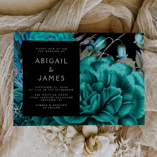 Elegant Moody Dark Floral Aquamarin Silver Wedding Einladung