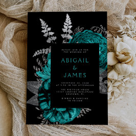 Elegant Moody Dark Floral Aquamarin Silver Wedding Einladung