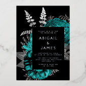 Elegant Moody Dark Floral Aquamarin Silver Wedding Folieneinladung (Vorderseite)