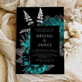 Elegant Moody Dark Floral Aquamarin Silver Wedding Folieneinladung