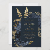 Elegant Moody Dark Floral Navy Blue Gold Hochzeit Einladung (Vorderseite)