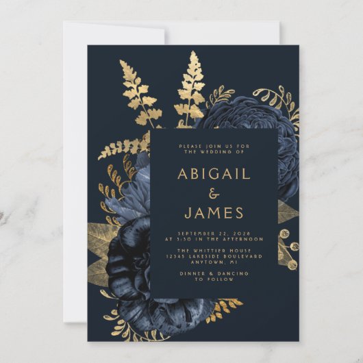 Elegant Moody Dark Floral Navy Blue Gold Hochzeit Einladung (Vorderseite)