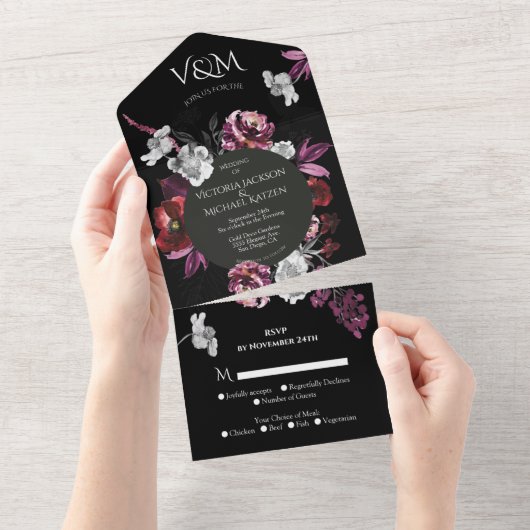 Elegant Moody Dark Lila Floral Wedding All In One Einladung (Abreißen)