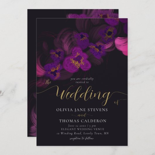 Elegant Moody Dark Lila Orchids Blumenhochzeit Einladung (Vorne/Hinten)