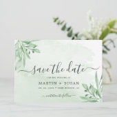 Elegant Moody Eucalyptus Verlasse Grüne Hochzeit Save The Date (Stehend Vorderseite)
