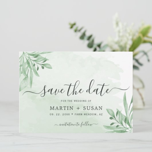 Elegant Moody Eucalyptus Verlasse Grüne Hochzeit Save The Date (Stehend Vorderseite)
