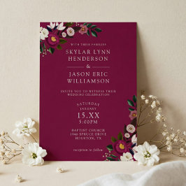 Elegant Moody Floral Watercolor Burgundy Wedding Einladung