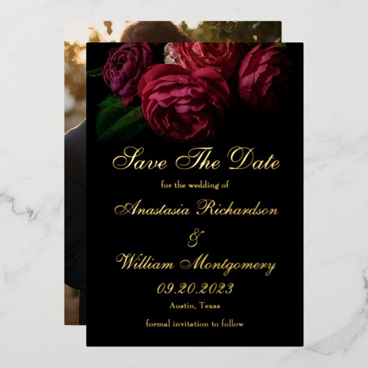 Elegant Moody Floral Wedding Save the Date Foto Folieneinladung (Vorderseite/Rückseite)