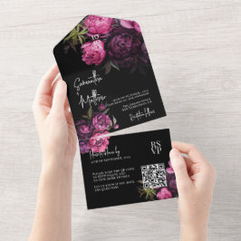 Elegant Moody Florals Black Wedding QR Code All In One Einladung
