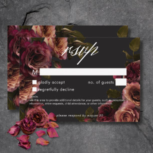 Elegant Moody Mutes Rost Burgundy Floral No Dinner RSVP Karte