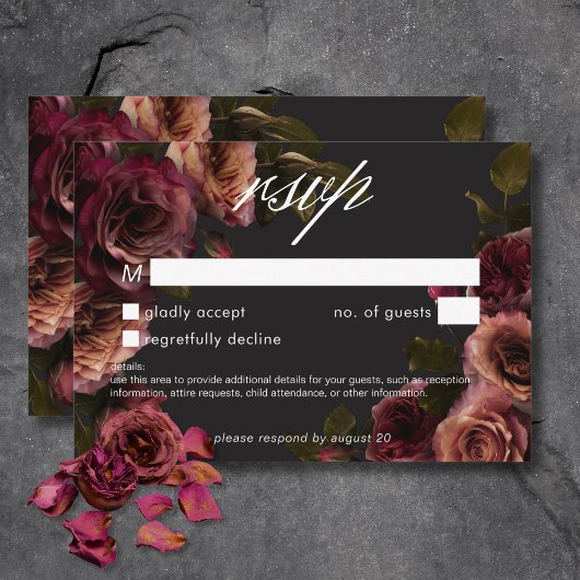 Elegant Moody Mutes Rost Burgundy Floral No Dinner RSVP Karte