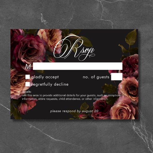 Elegant Moody Mutes Rost Burgundy Floral No Dinner RSVP Karte