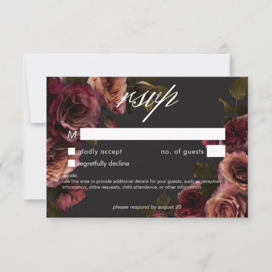 Elegant Moody Mutes Rost Burgundy Floral No Dinner RSVP Karte (Vorderseite)