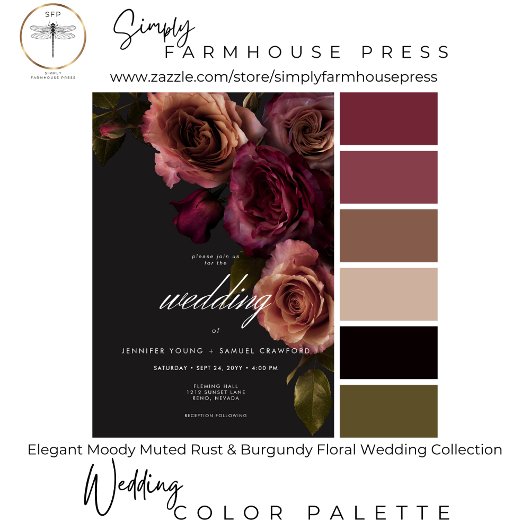 Elegant Moody Rust & Burgund zweiseitig floral Einladung