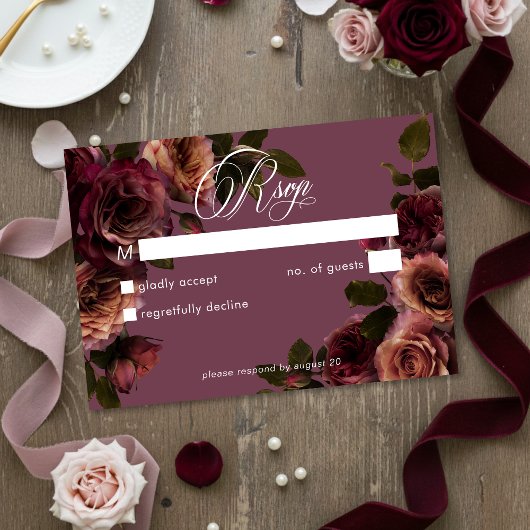 Elegant Moody Soft Rust Burgundy Floral No Dinner RSVP Karte