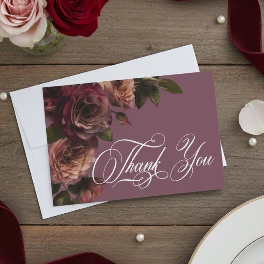 Elegant Moody Soft Rust & Burgundy Floral Wedding Dankeskarte