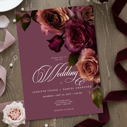 Elegant Moody Soft Rust & Burgundy Floral Wedding Einladung