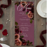 Elegant Moody Soft Rust & Burgundy Floral Wedding Menükarte<br><div class="desc">Embrace timeless elegance for your gothic-inspired celebration with our captivating long wedding menu. A soft burgundy background provides the perfect canvas for a captivating, yet understated bouquet. Imagine a corner arrangement of muted rose blooms, where soft rust blush and rich burgundy hues mingle with dark green foliage. This ethereal design...</div>