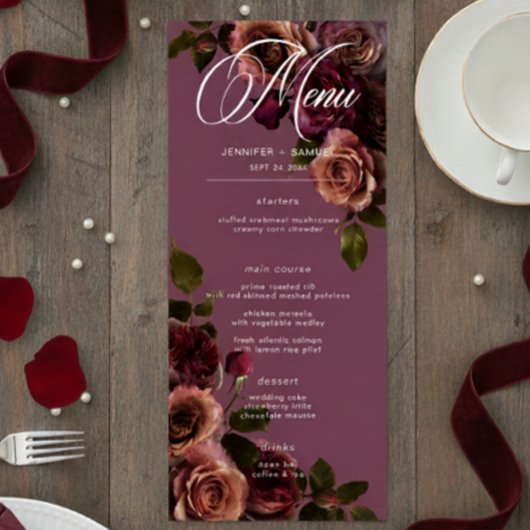 Elegant Moody Soft Rust & Burgundy Floral Wedding Menükarte