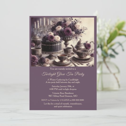 Elegant Moody Twilight Winter Tea Party Invitation Einladung (Stehend Vorderseite)