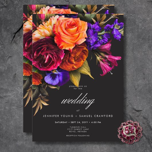 Elegant Moody Vibrant Harvest Floral Wedding Einladung