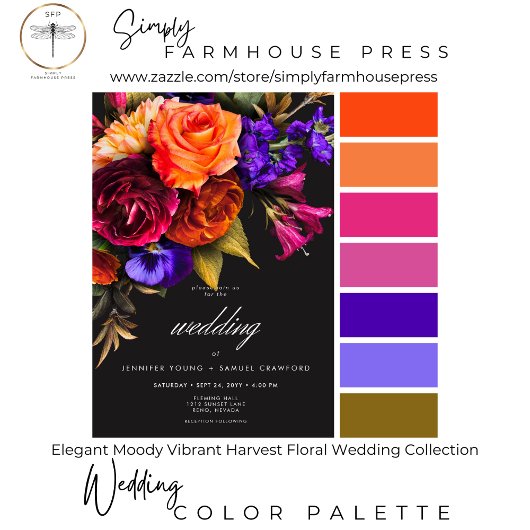 Elegant Moody Vibrant Harvest Floral Wedding Einladung