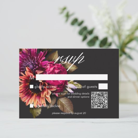 Elegant Moody Vibrant Sunset Floral QR Code RSVP Karte (Stehend Vorderseite)