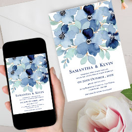 Elegant Moody Watercolor Blue Floral Wedding Einladung
