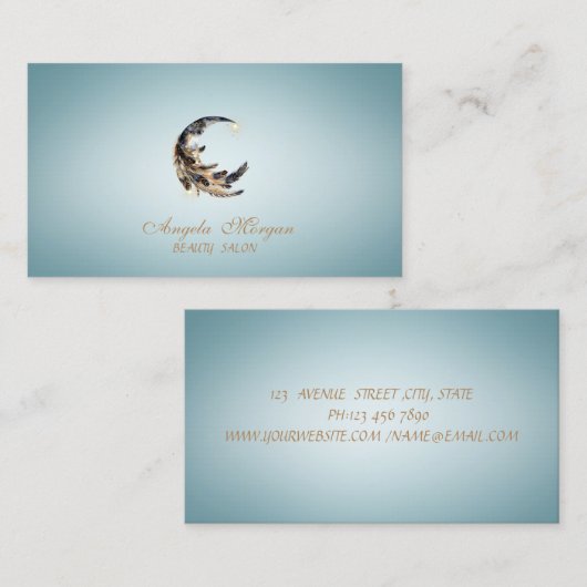 Elegant Moon Feather Blue Visitenkarte (Vorne/Hinten)