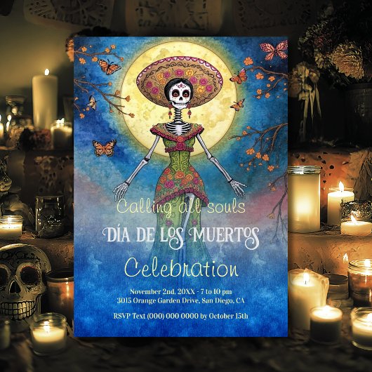 Elegant Moonlit Catrina Día de Muertos Celebration Einladung