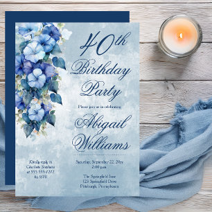 Elegant Morning Glories Blue Floral 40. Geburtstag Einladung