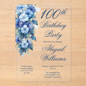 Elegant Morning Glory Blue Floral 100th Birthday  Acryleinladungen (Vorderseite)
