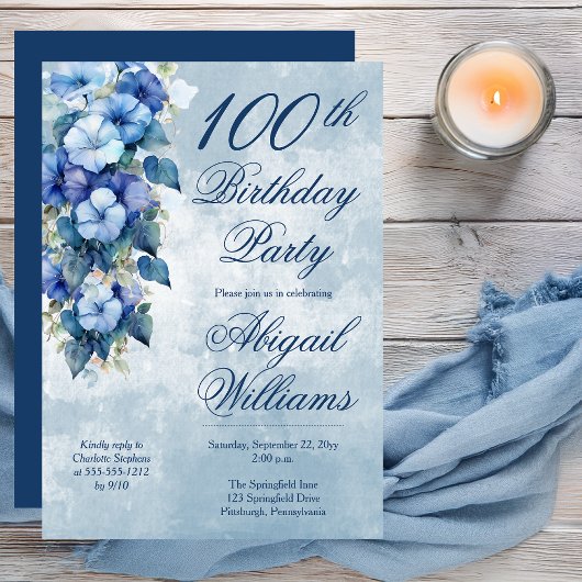 Elegant Morning Glory Blue Floral 100th Birthday Einladung