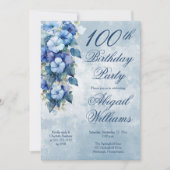Elegant Morning Glory Blue Floral 100th Birthday Einladung (Vorderseite)