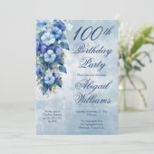Elegant Morning Glory Blue Floral 100th Birthday Einladung (Stehend Vorderseite)