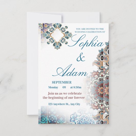 Elegant Moroccan Tile Wedding Invitation Dankeskarte (Vorderseite)