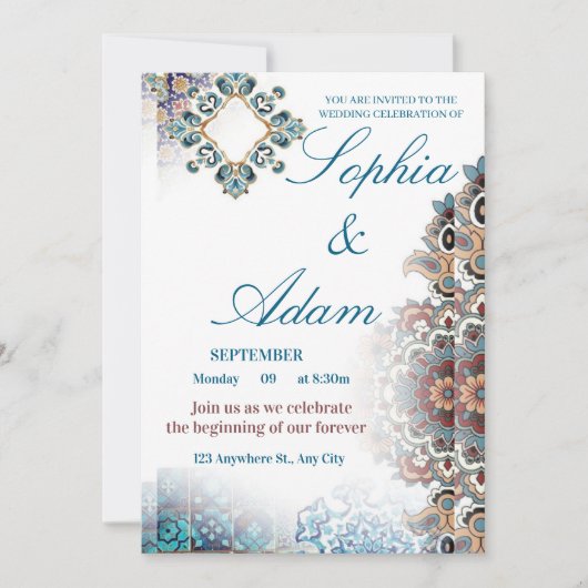 Elegant Moroccan Tile Wedding Invitation Einladung (Vorderseite)